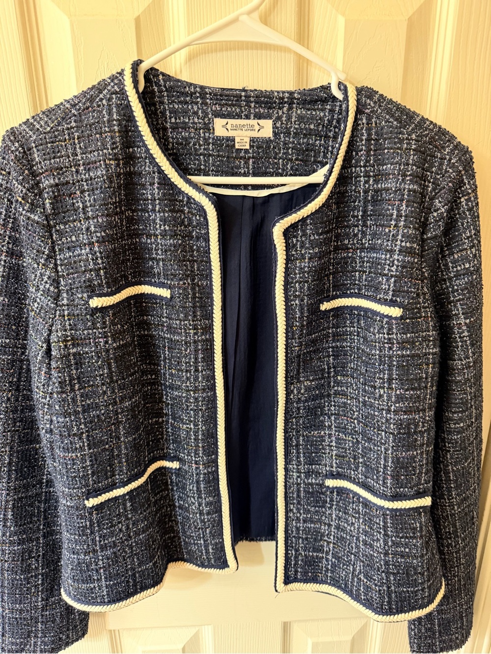 Nanette Lepore Navy Tweed Collarless Jacket with Cream Trim